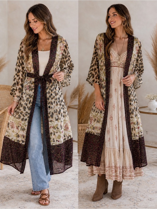Vince Camuto Other - Vince Camuto Floral & Leopard Print Kimono Robe in Cream and Brown